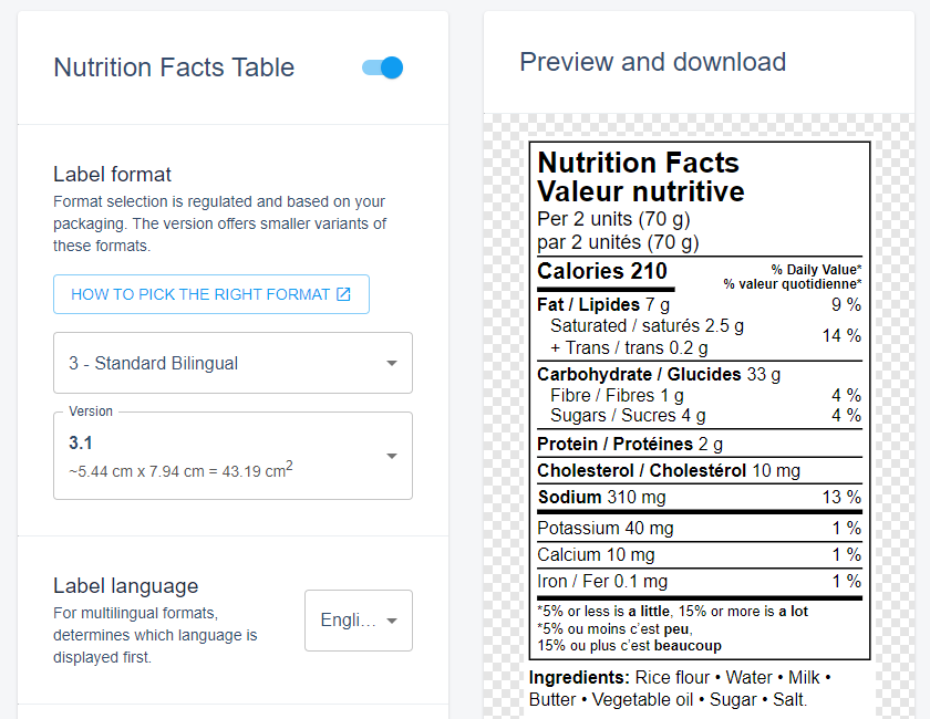 Nutrition Facts Table editor